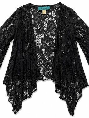 Buttons Black Lace Sheer Kimono Cardigan Size Small Boho Floral Cover-Up